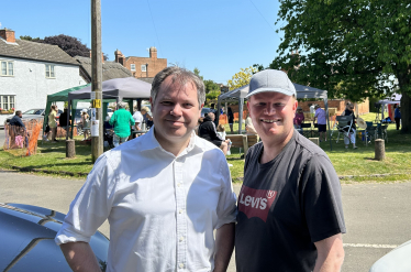 Edward with Cllr James Poland at Thrussington's Skittles on the Green